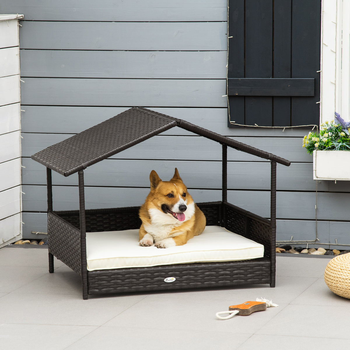 PawHut Rattan Dog Cabana with Cushion – Cream – product view 2