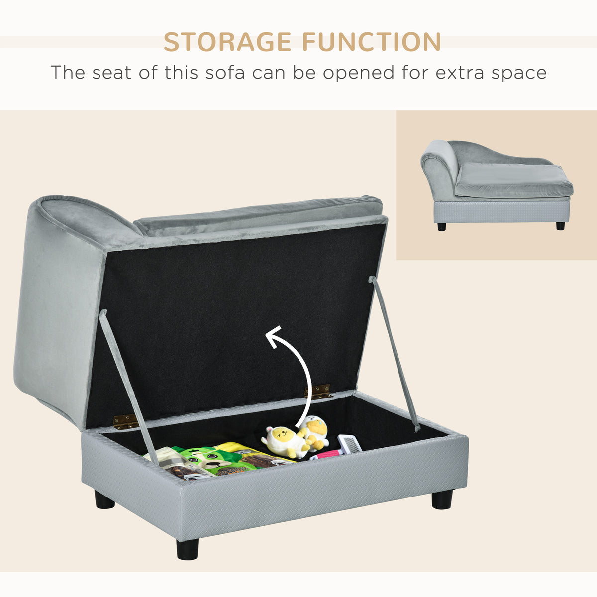 PawHut Pet Sofa with Hidden Storage – Light Grey – product view 5