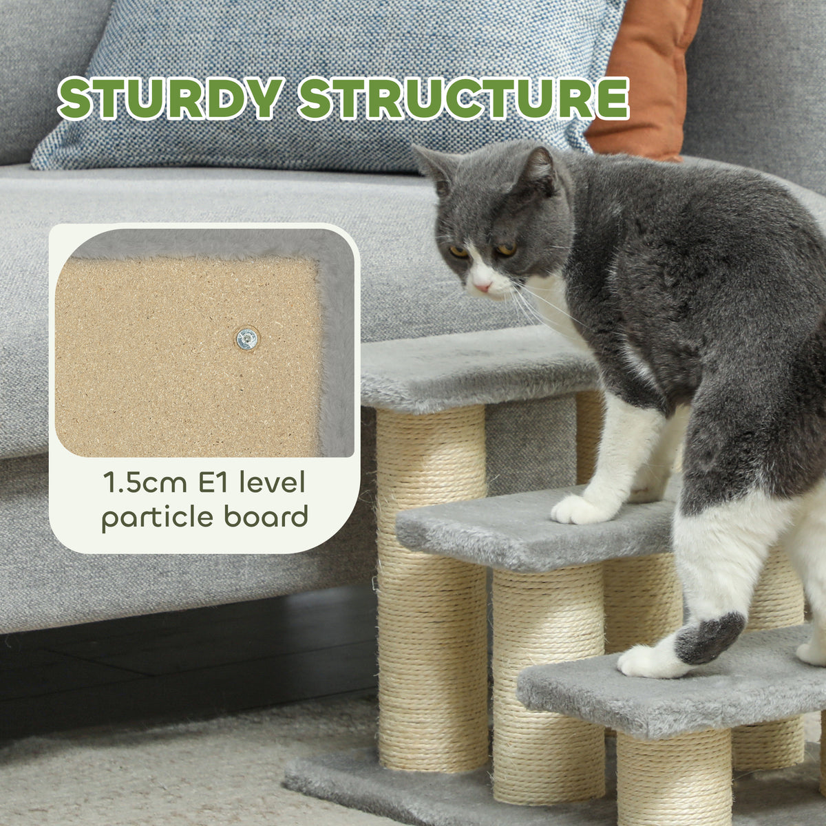 PawHut Three-Step Plush Pet Ladder – Grey – product view 5