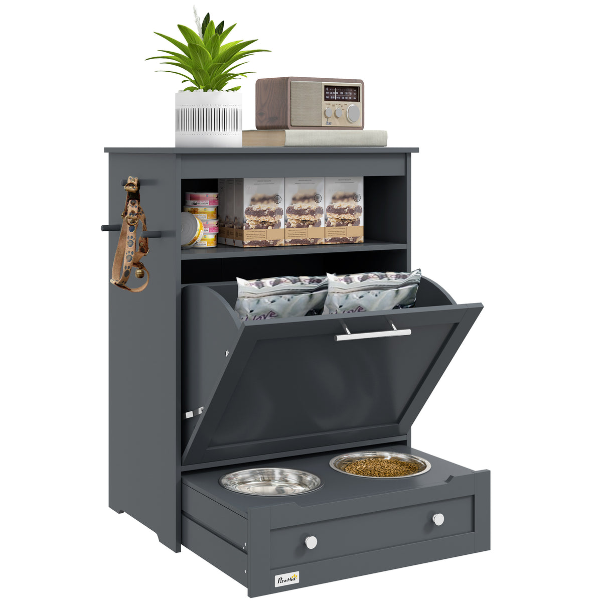 PawHut Pet Feeding Cabinet with Bowls – Grey – product view 1