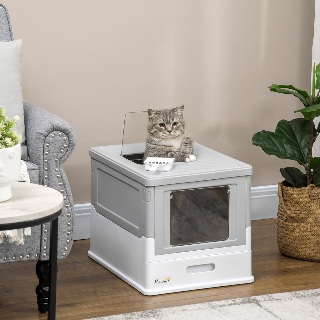 PawHut Hooded Cat Litter Box & Scoop – Grey – product view 2