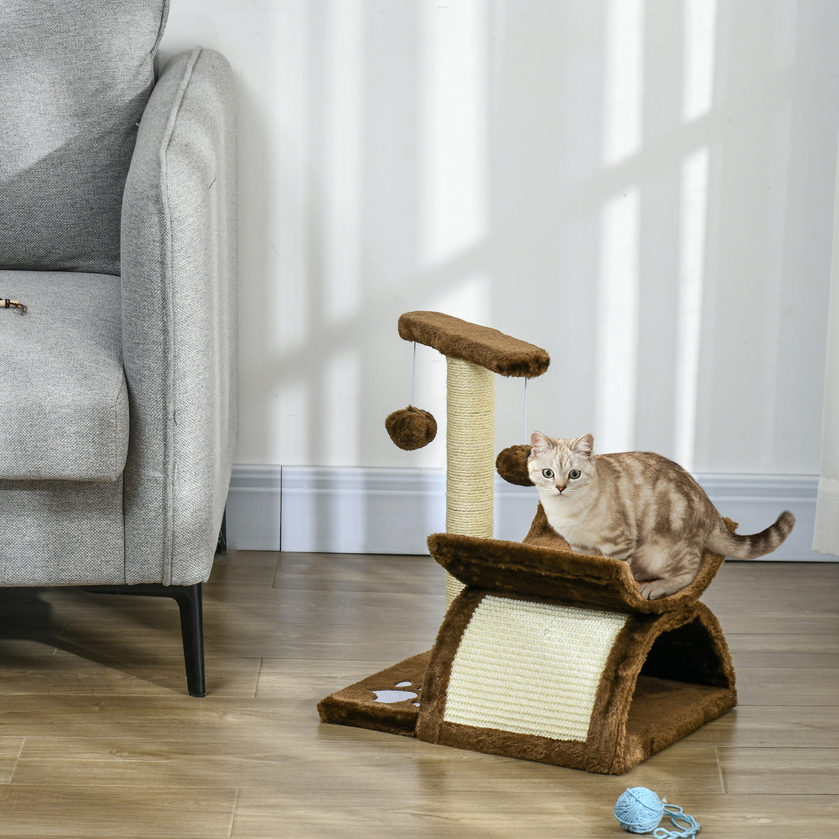 PawHut Cat Tree with Tunnel & Rotating Bar – Brown – product view 2