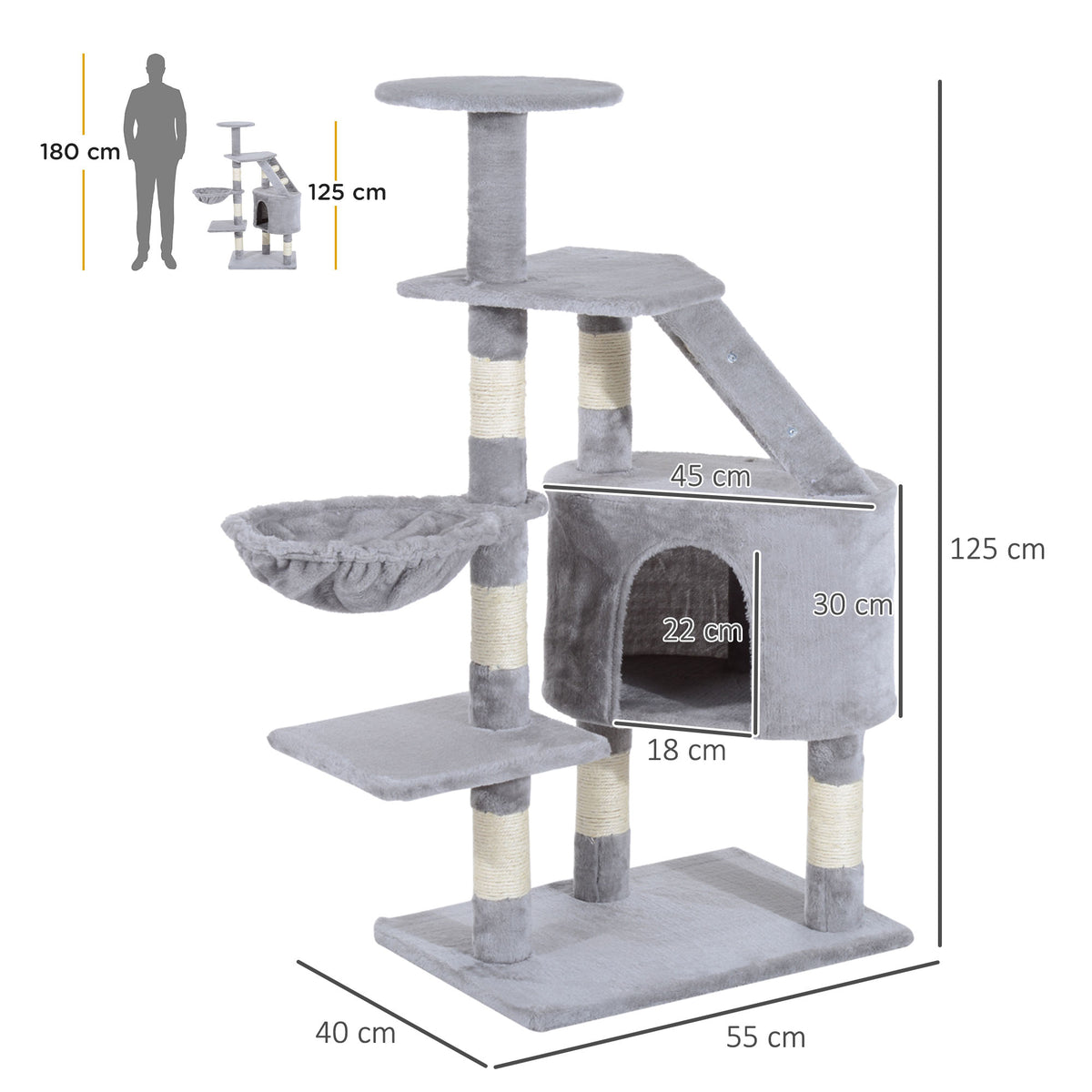 PawHut Cat Tree with Condo & Basket – Grey, 125cm – product view 3