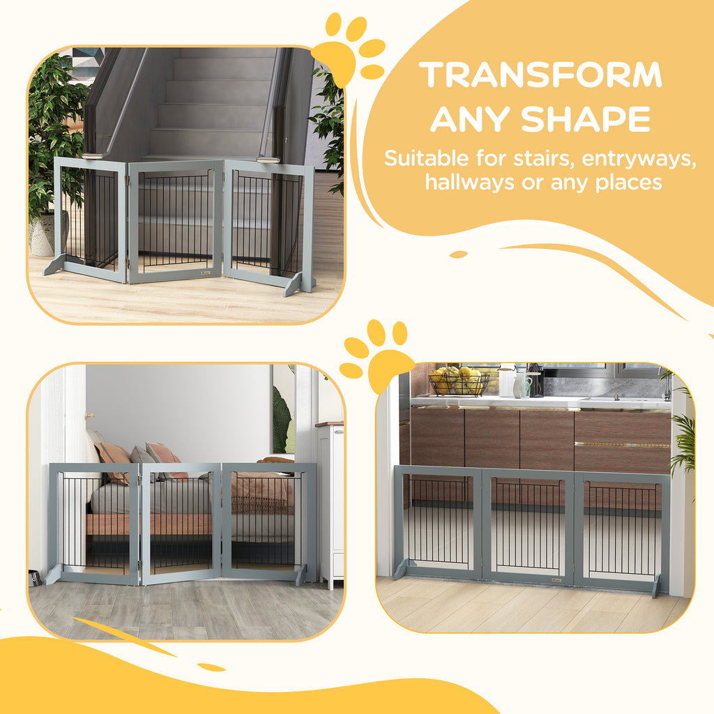 PawHut Three-Panel Folding Dog Gate – Grey – product view 4