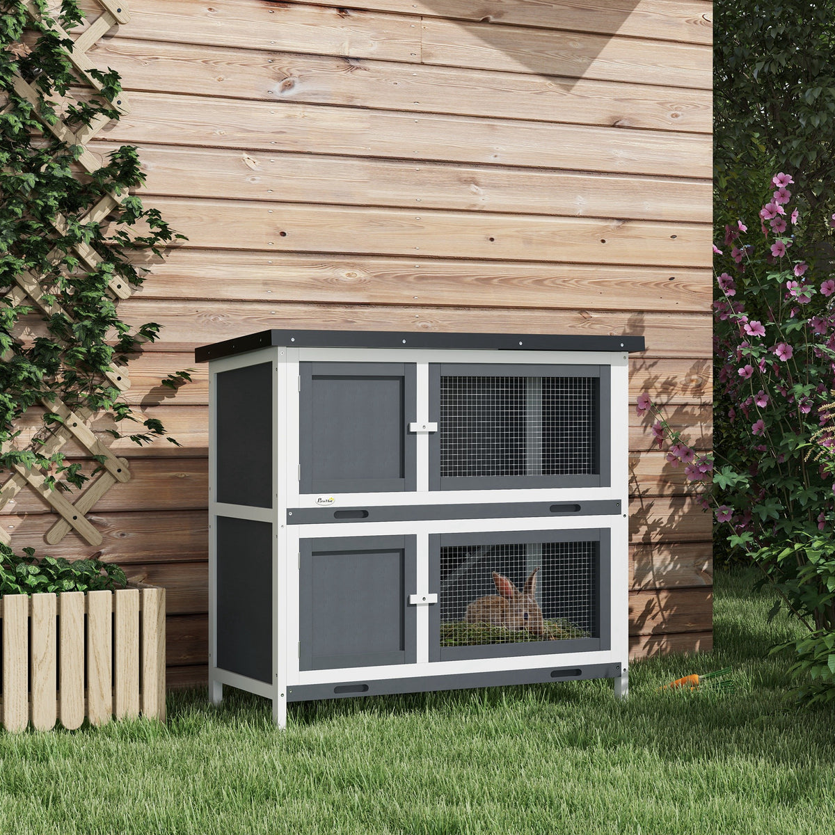 PawHut Two-Tier Rabbit Hutch – Grey, 97cm – product view 2