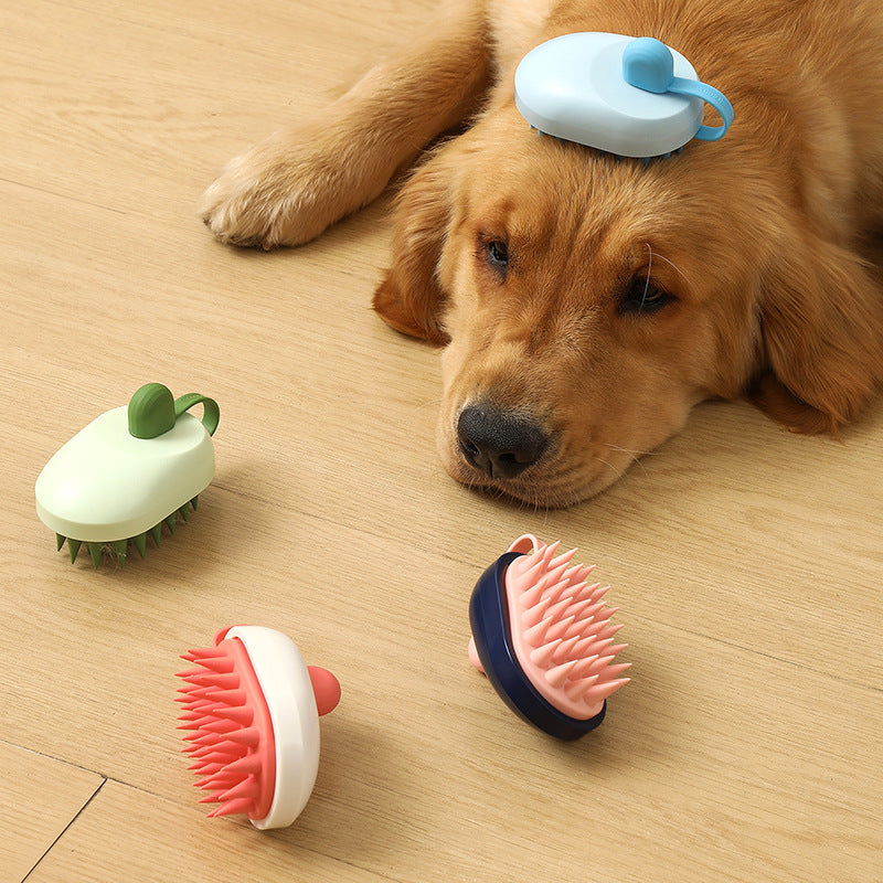 Handheld Dog Bath & Grooming Brush; lifestyle photograph showing the product design