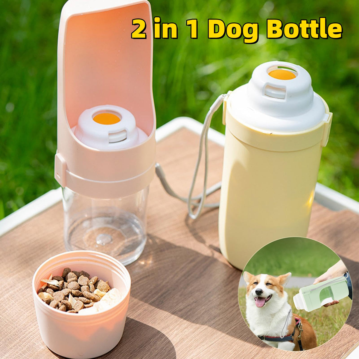 Two-in-one travel dog water bottle and food container outdoors
