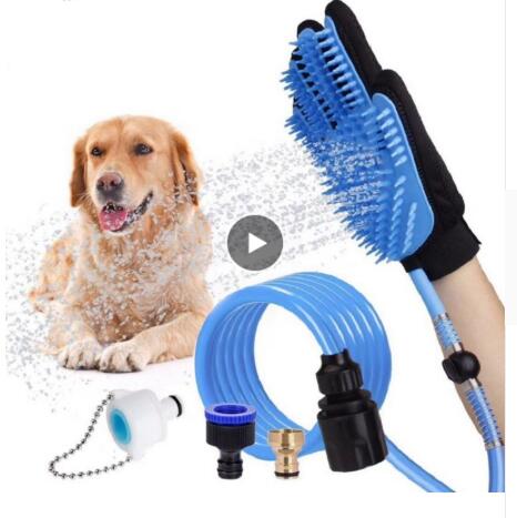 Blue handheld pet shower sprayer with grooming brush