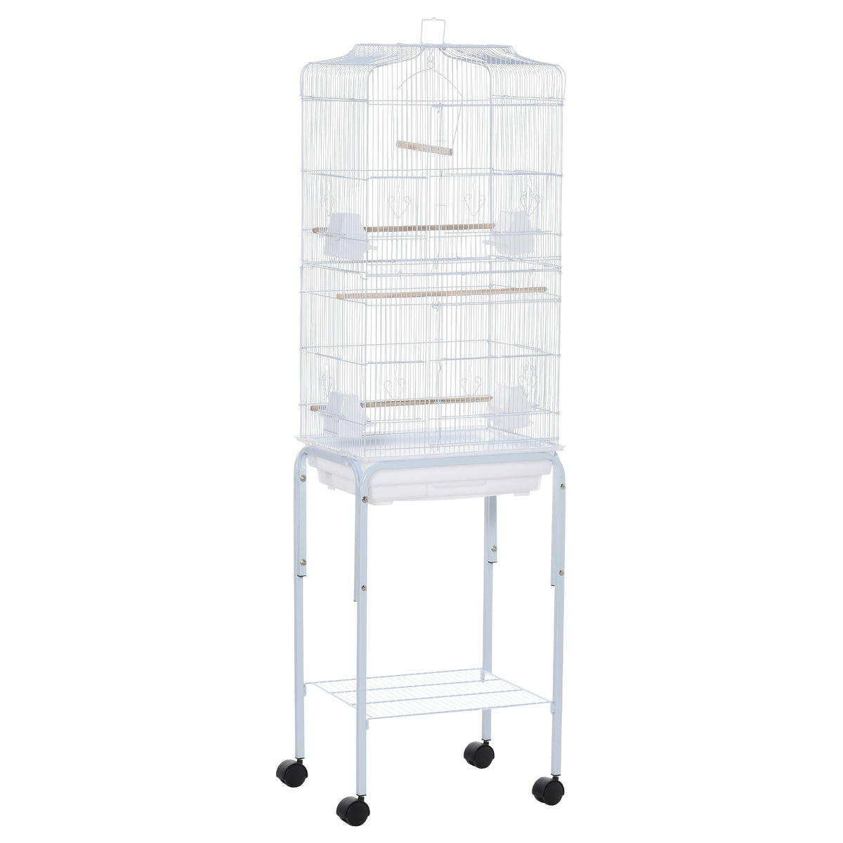 Wheeled Bird Cage with Stand & Storage Shelf – White, 157cm