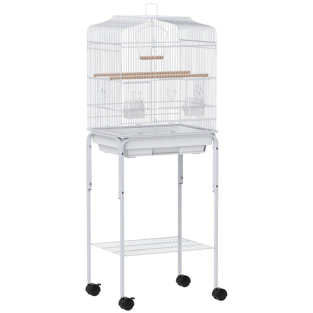Wheeled Bird Cage with Stand, Tray & Storage Shelf – White
