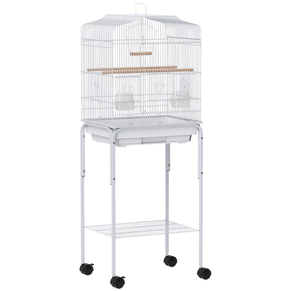 Wheeled Bird Cage with Stand, Tray & Storage Shelf – White