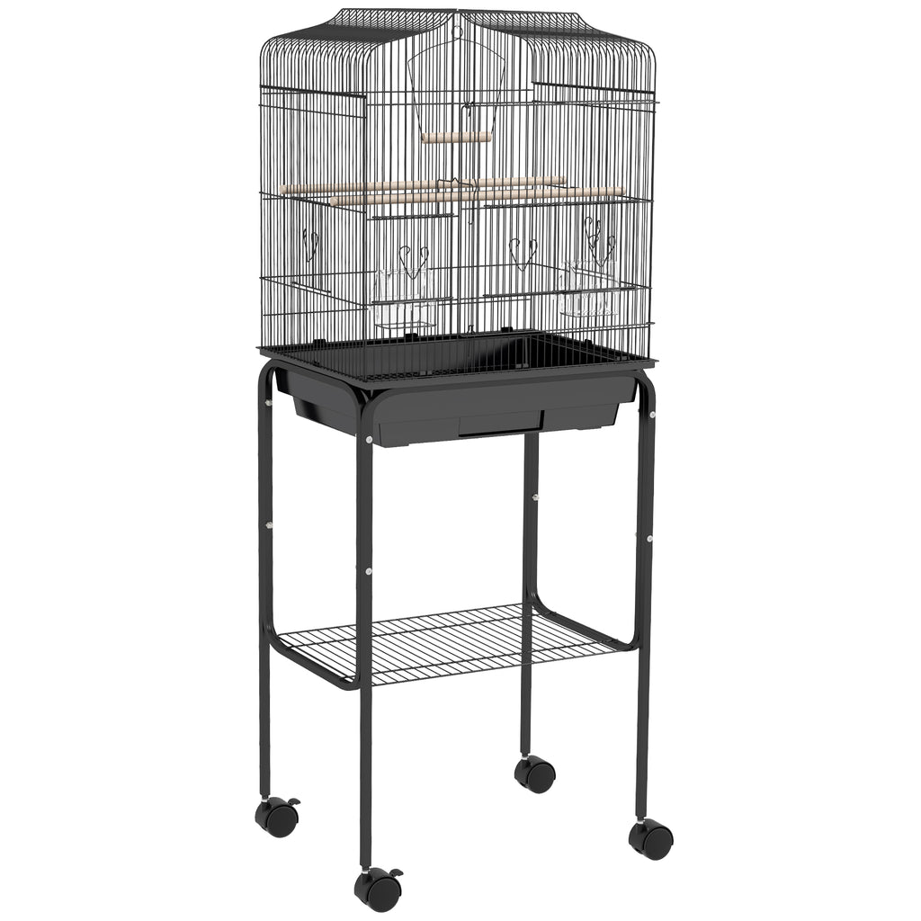 Wheeled Bird Cage with Stand, Tray & Storage Shelf – Black