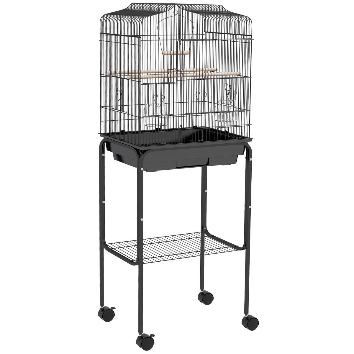 Wheeled Bird Cage with Stand, Tray & Storage Shelf – Black
