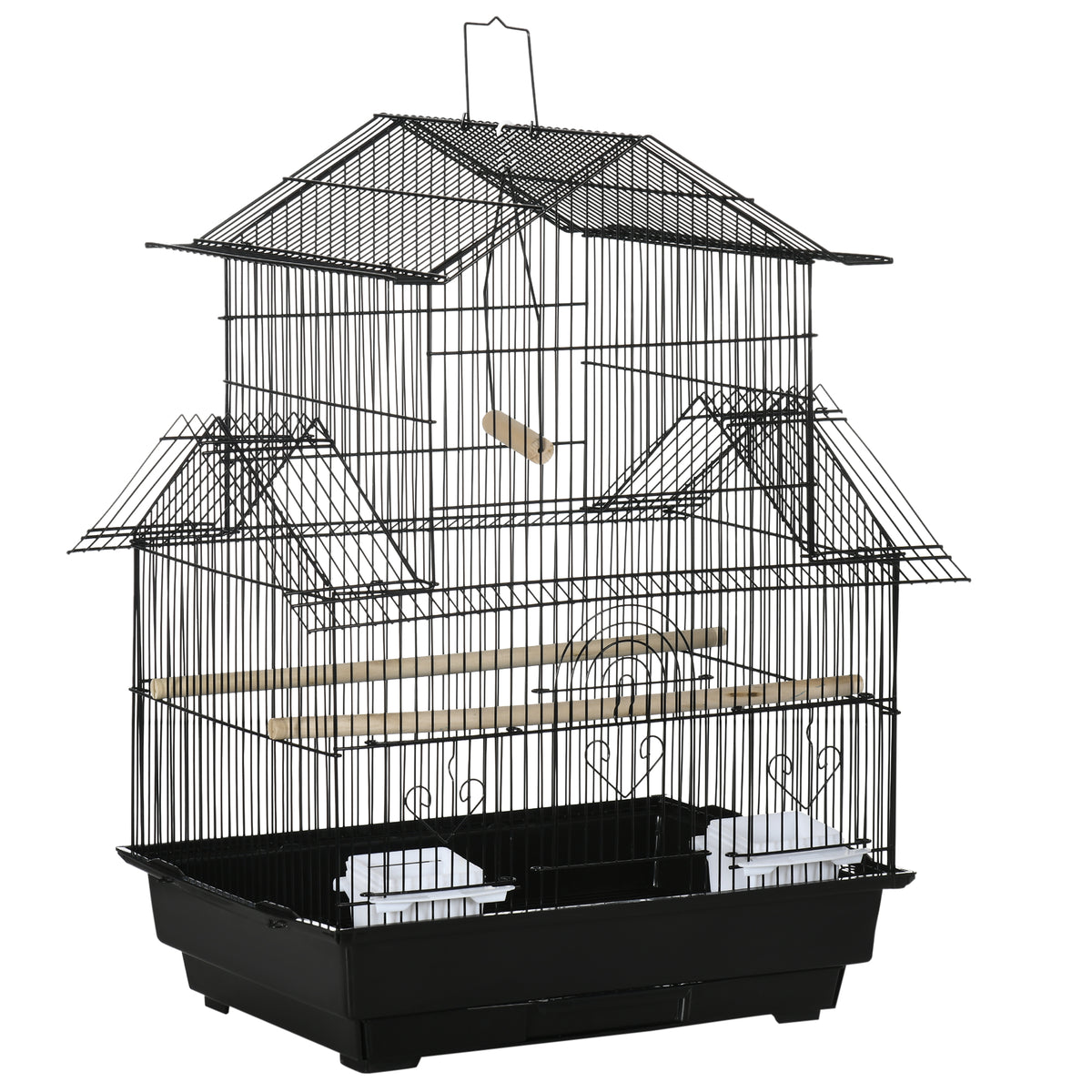 Metal Bird Cage with Swing, Perch, Food Container & Tray – Black, 43.5 × 33 × 63cm