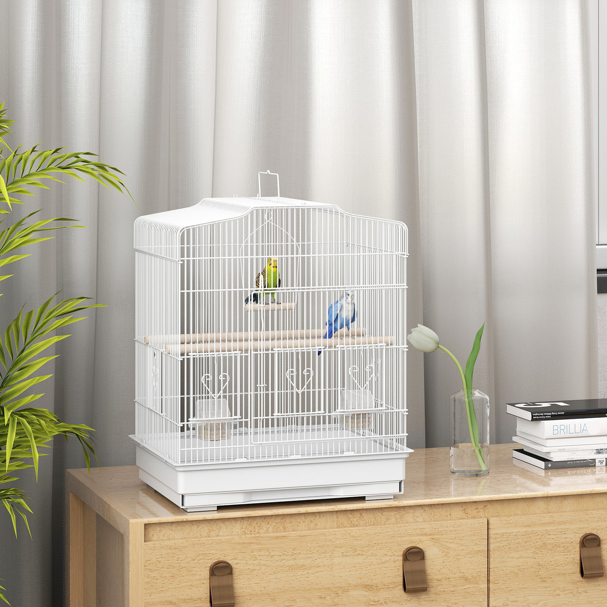 Large Metal Bird Cage with Perches, Bowls & Swing – White