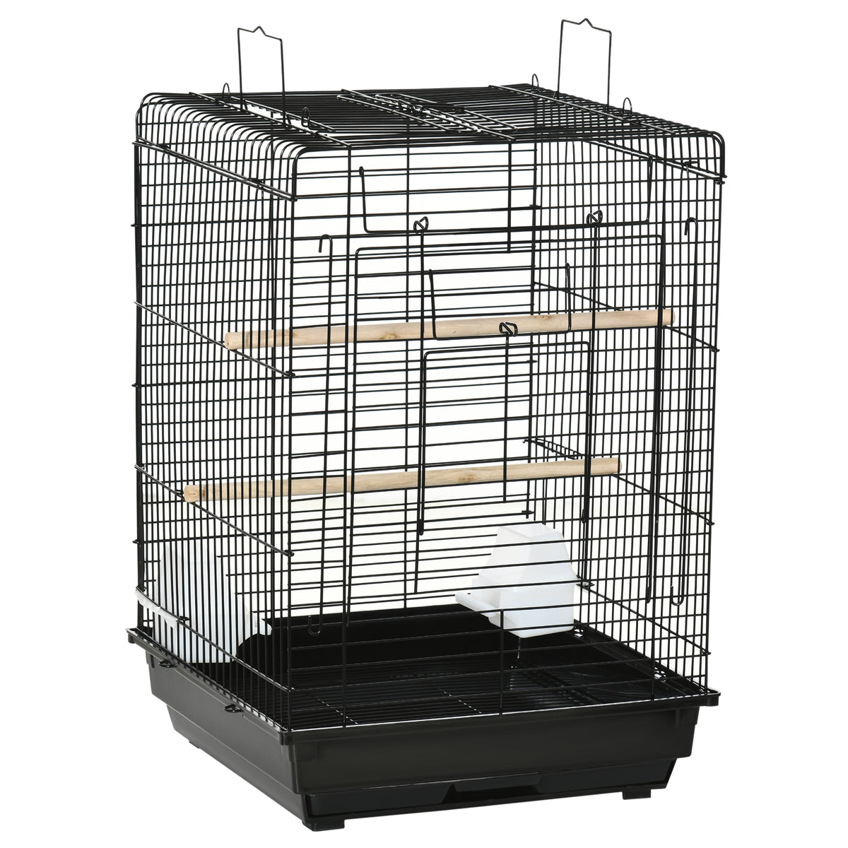 Steel Bird Cage with Stand, Opening Top & Feed Bowls – Black
