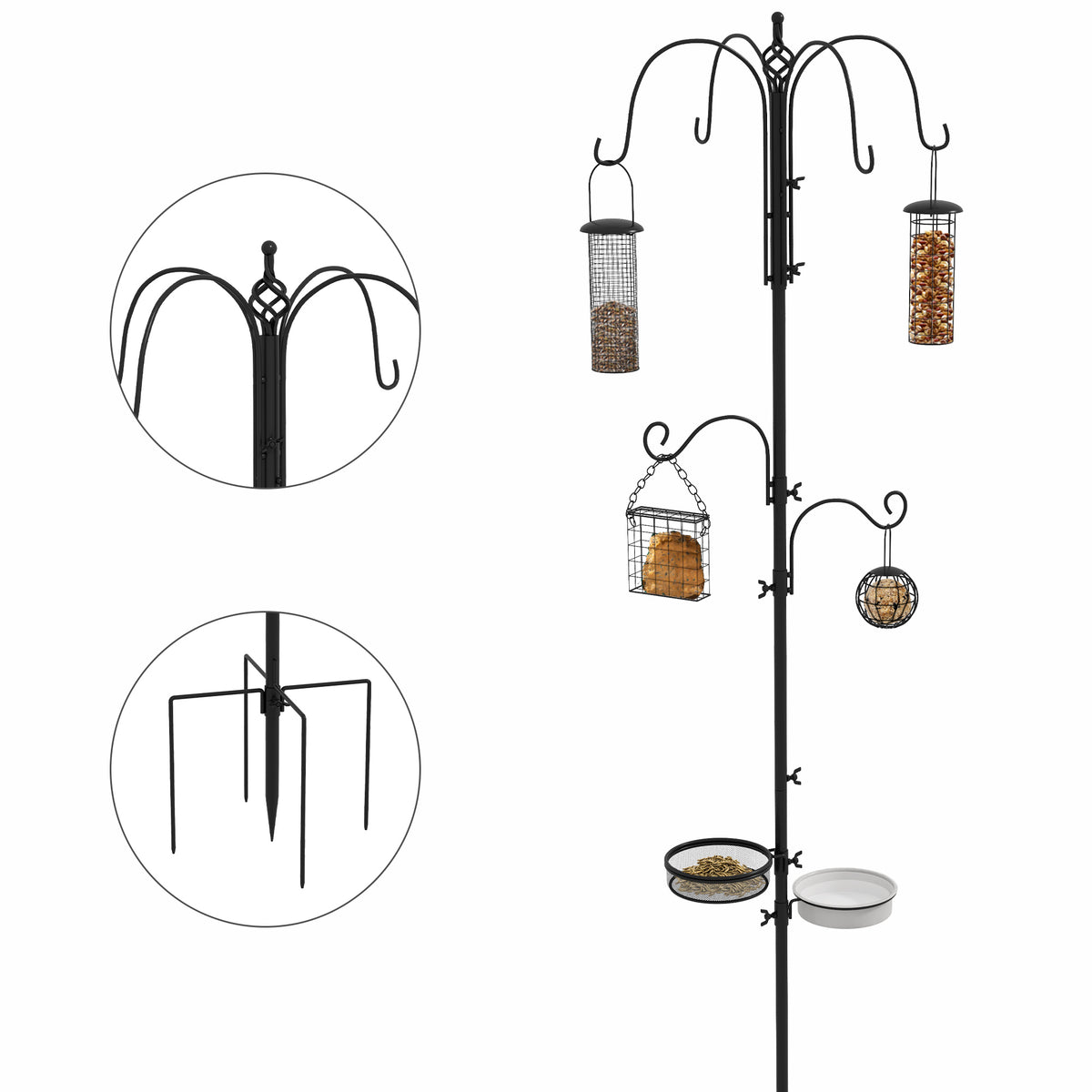 Garden Bird Feeding Station with 6 Hooks & 4 Feeders – Black