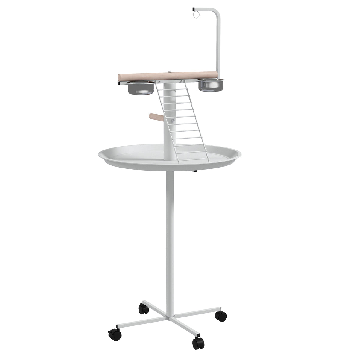 Wheeled Bird Perch Stand with Stainless Steel Feeding Bowls & Tray – White
