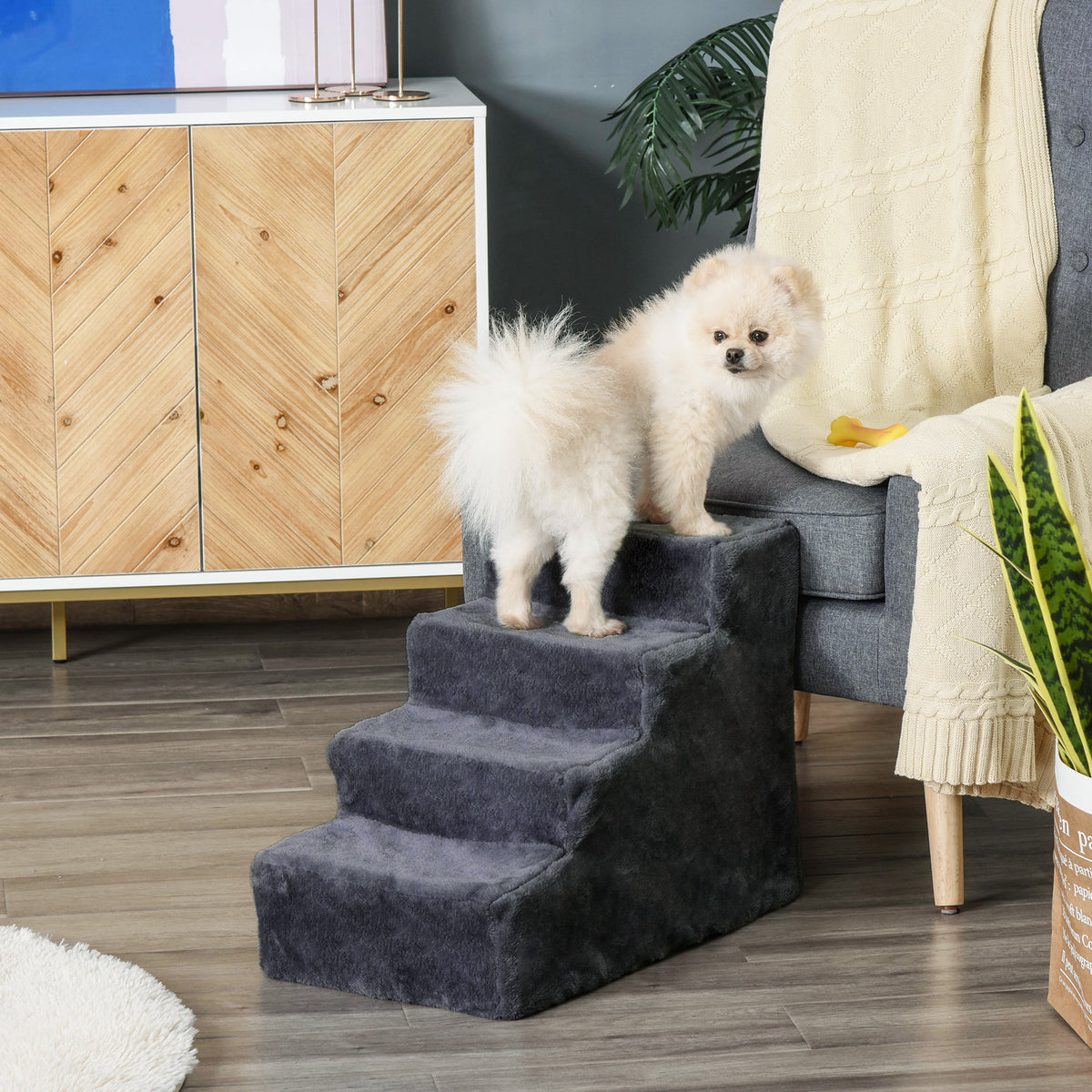 Four-Step Pet Stairs with Washable Plush Cover – Dark Grey