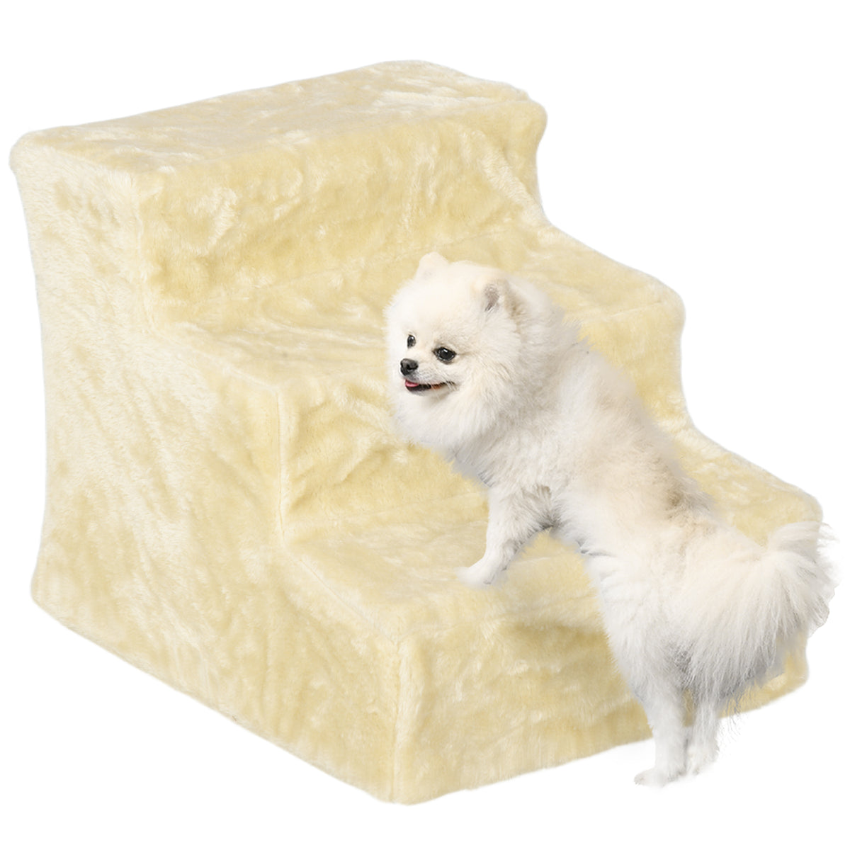 Three-Step Pet Stairs with Washable Plush Cover – Beige