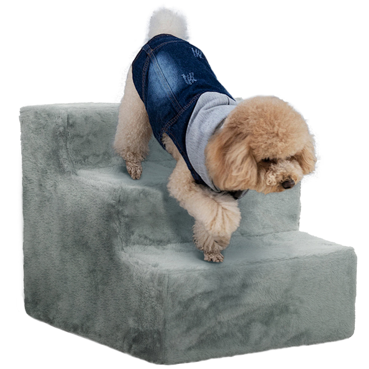 Three-Step Pet Stairs with Washable Plush Cover – Light Grey