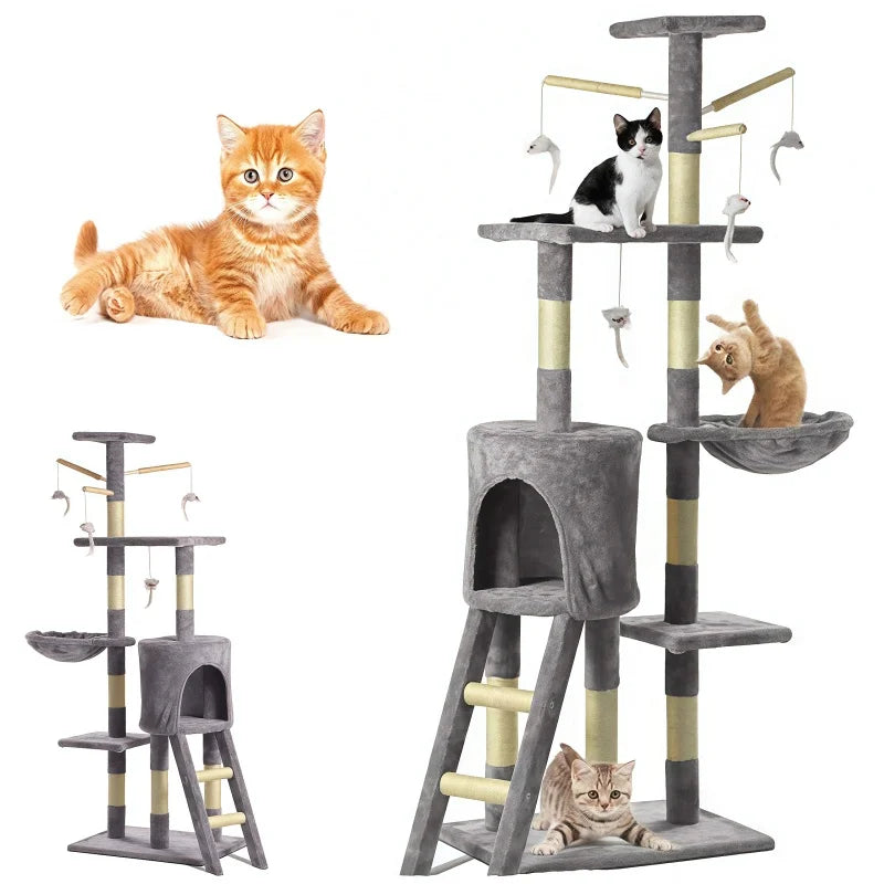 Cat Tree with Sisal Posts, Hammock & House – Grey, 140cm – Colour: As Shown