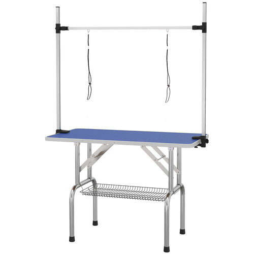 Adjustable Dog & Cat Grooming Table with Two Loops & Storage Basket – Blue, 42in