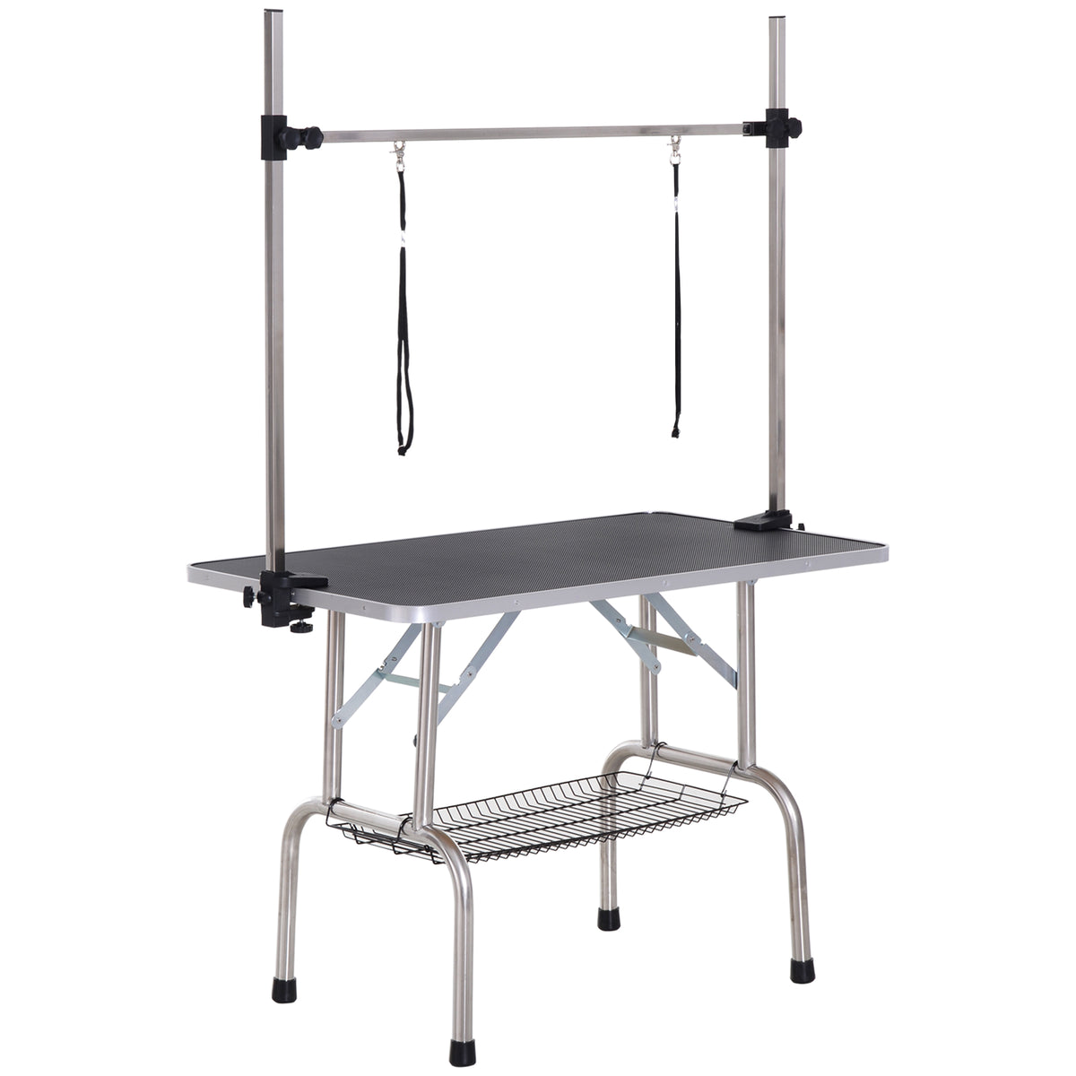 Adjustable Dog & Cat Grooming Table with Two Loops & Storage Basket – Black, 42in