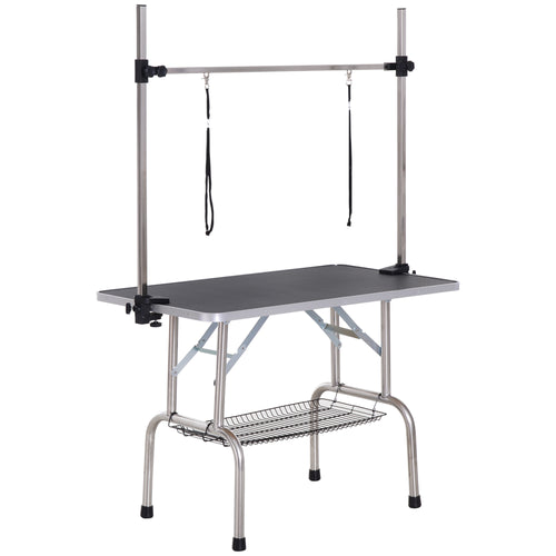 Adjustable Dog & Cat Grooming Table with Two Loops & Storage Basket – Black, 42in