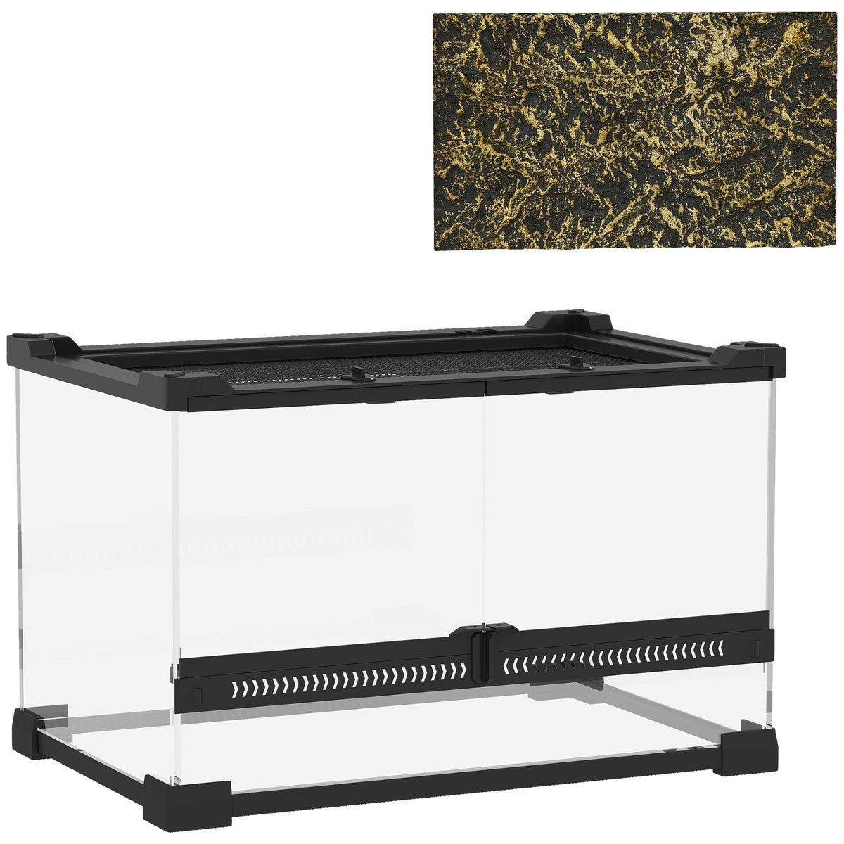 Glass Reptile Terrarium with Stone Background & Front Ventilation – Black, 30 × 20 × 20cm
