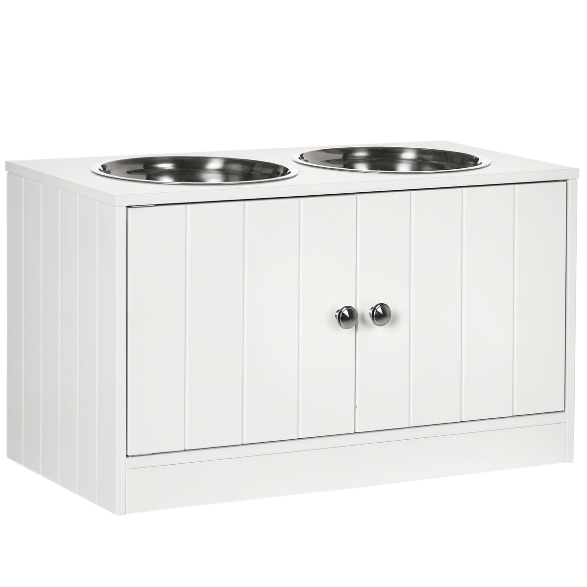 Raised Pet Feeder with Two Bowls & Storage – White