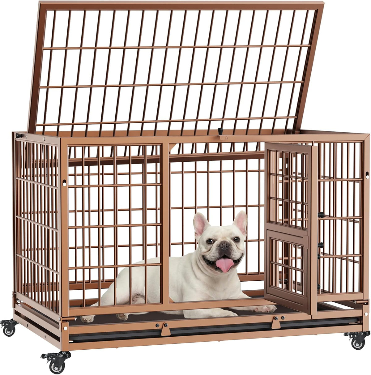 Metal Dog Crate with Three Doors, Wheels & Removable Tray – Colour: Coffeecolored