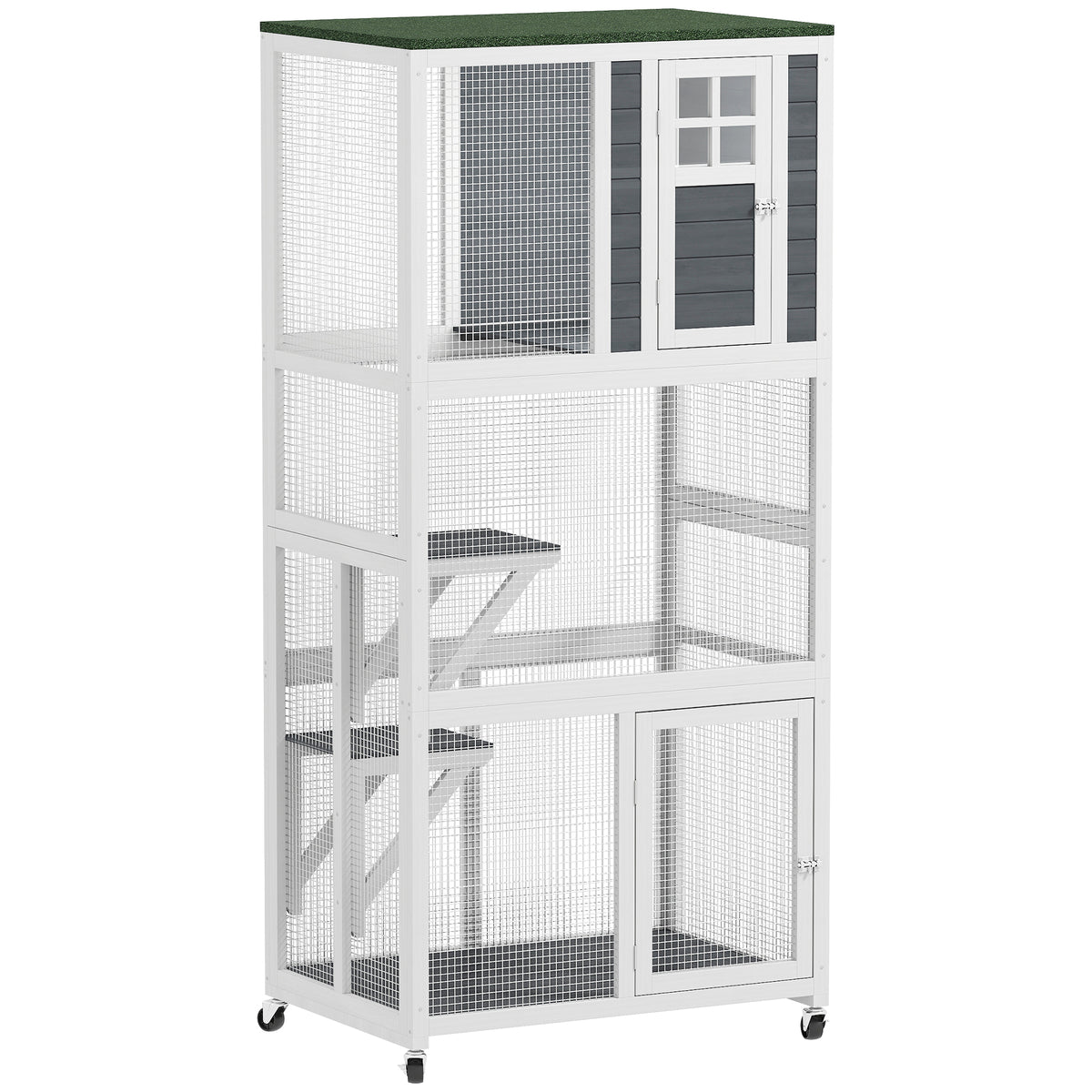 Wooden Outdoor Catio with Roof & Platforms – White