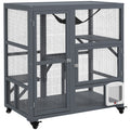 Wooden Indoor Catio on Wheels with Platforms & Hammock – Light Grey