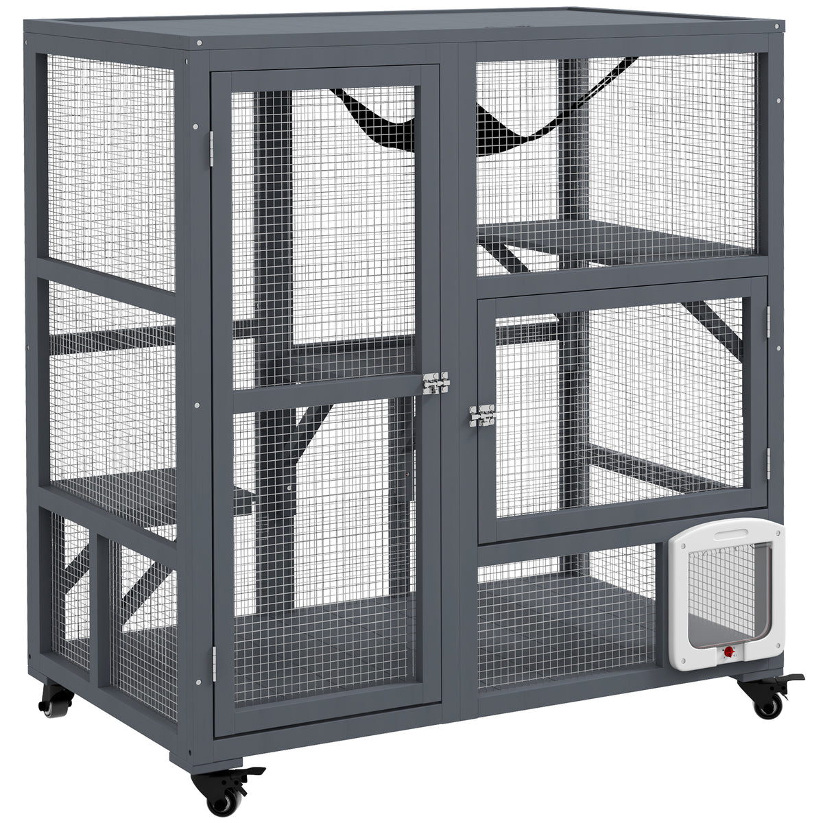 Wooden Indoor Catio on Wheels with Platforms & Hammock – Light Grey