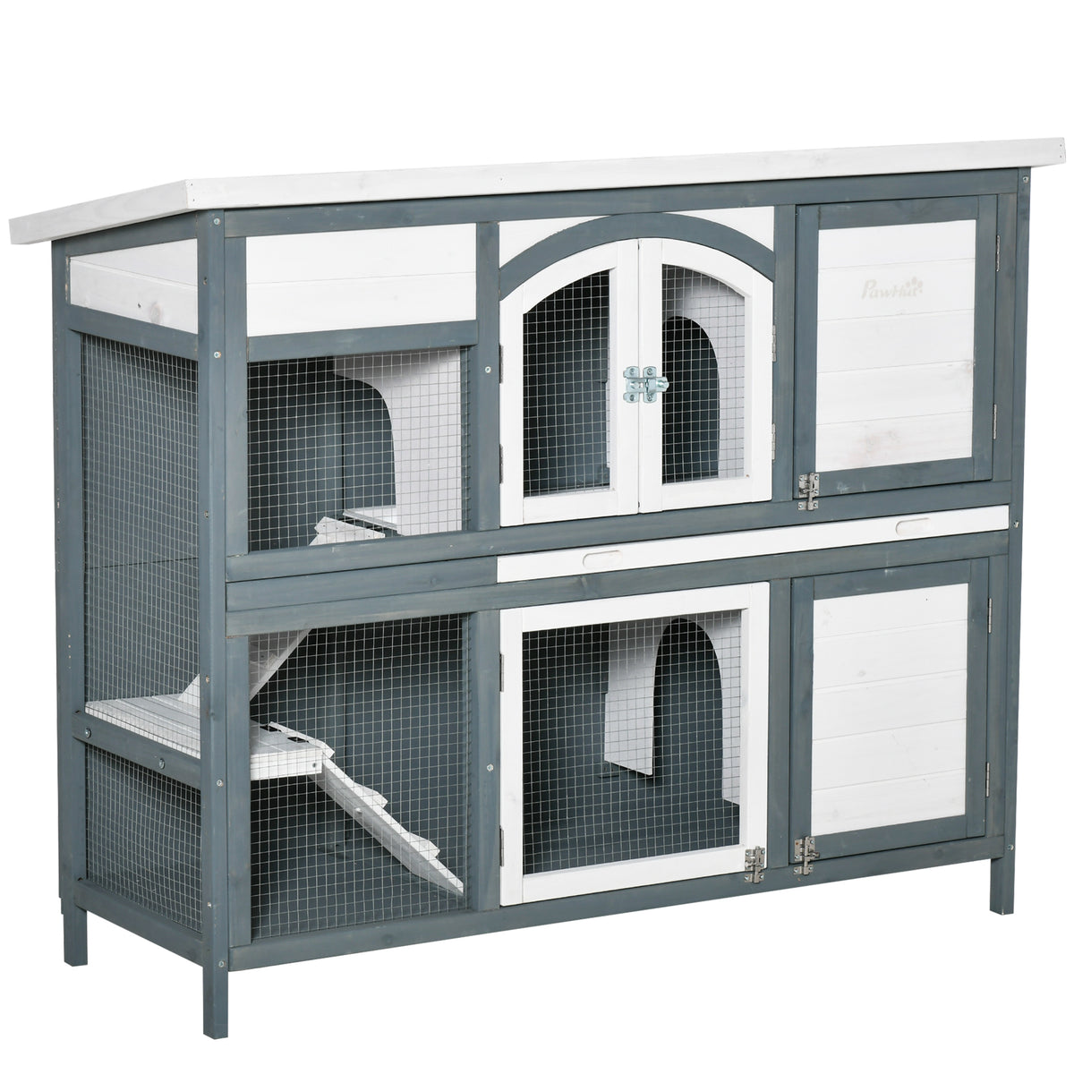 Two-Tier Wooden Rabbit & Guinea Pig Hutch with Ramp & Opening Roof – Grey, 125 × 48 × 100cm