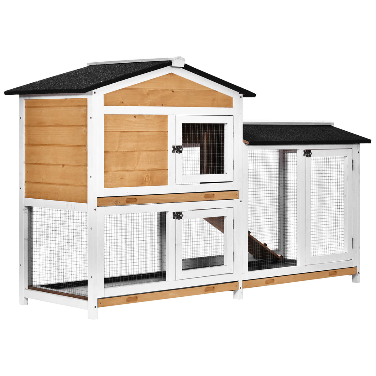 Two-Tier Wooden Rabbit Hutch with Run & Trays – Yellow, 157.4cm