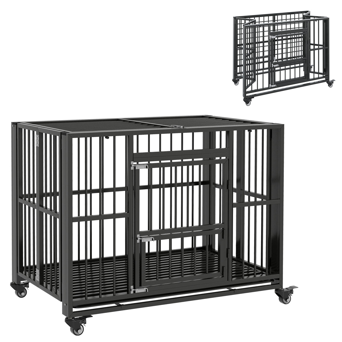 Folding Dog Crate with Opening Top, Tray & Wheels – Black, 43in