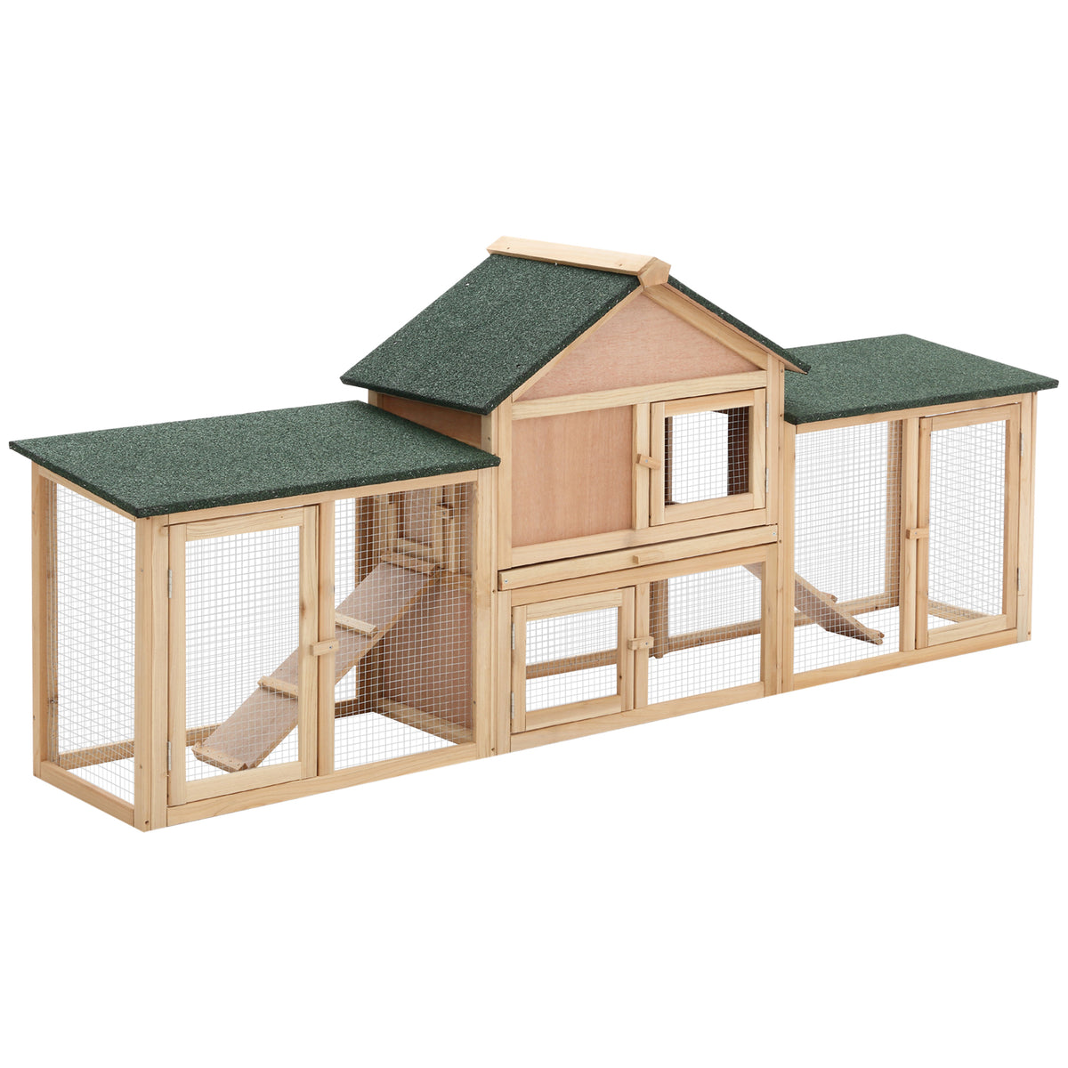 Two-Storey Wooden Rabbit & Guinea Pig Hutch with Run – 210 × 45.5 × 84.5cm