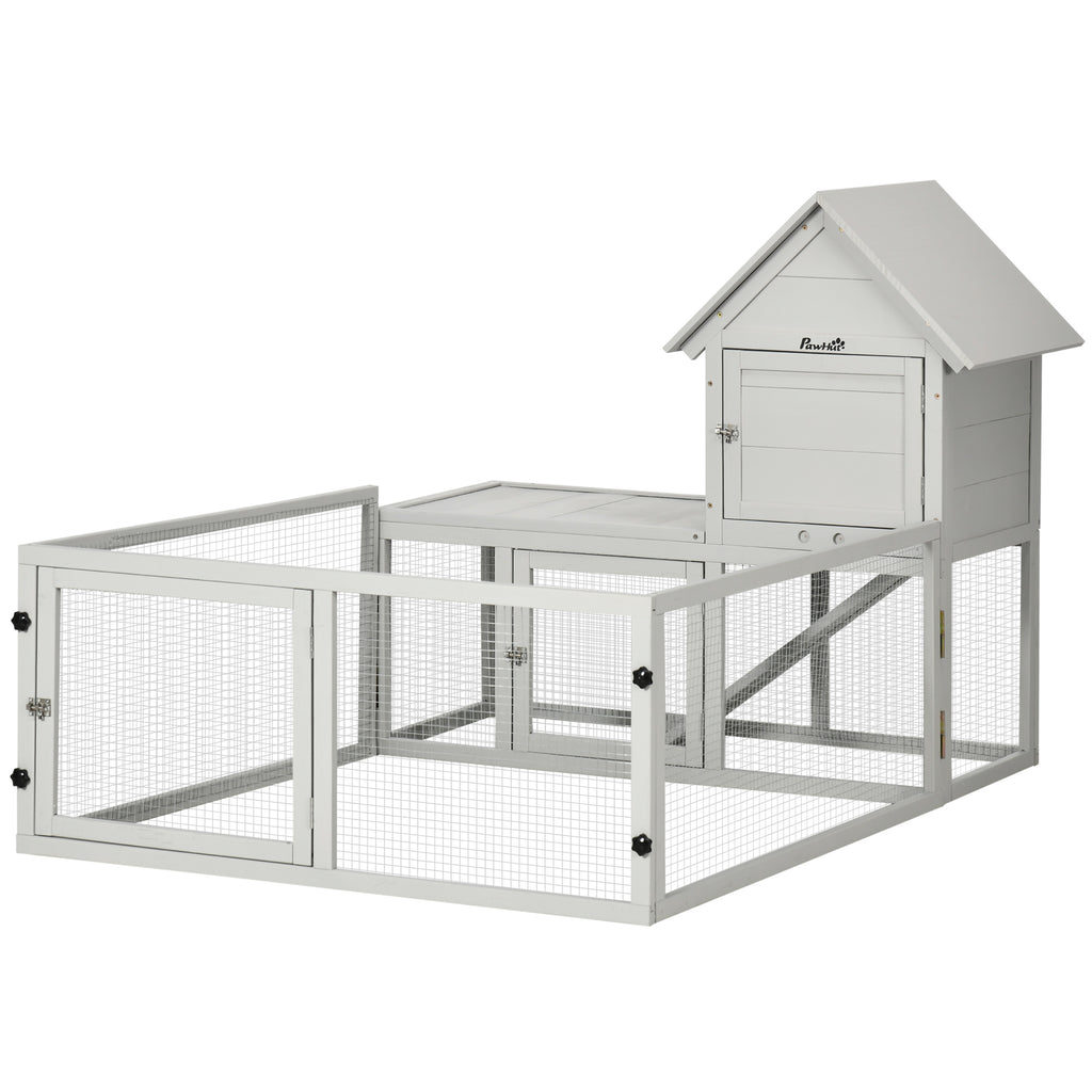 Indoor Rabbit & Guinea Pig Hutch with Slide-Out Tray & Fenced Area – Light Grey