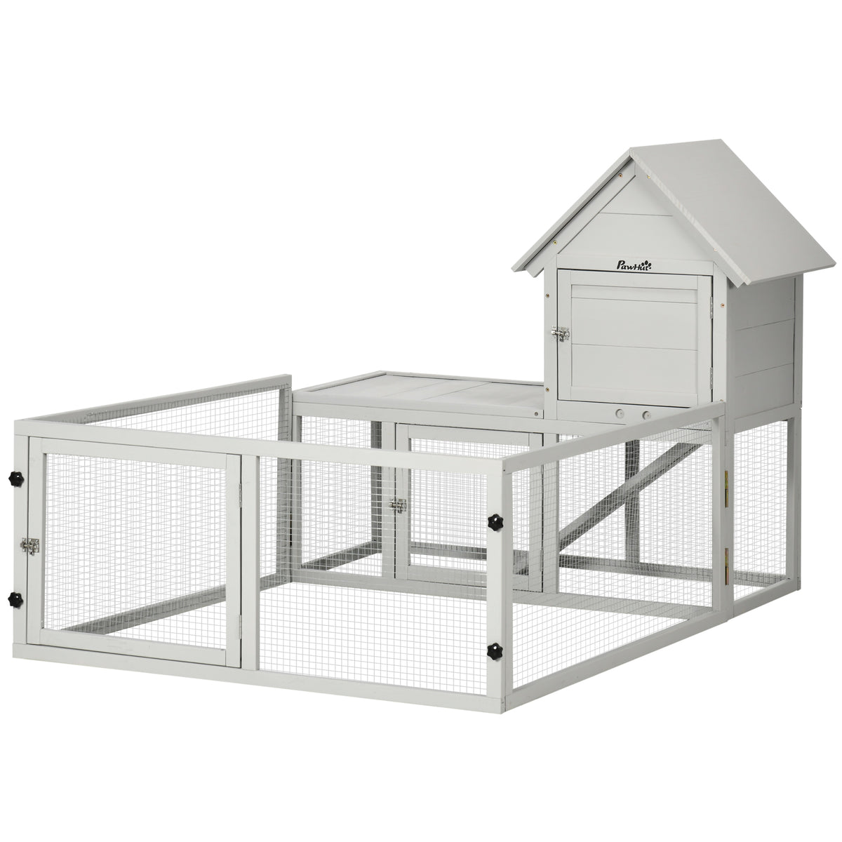 Indoor Rabbit & Guinea Pig Hutch with Slide-Out Tray & Fenced Area – Light Grey