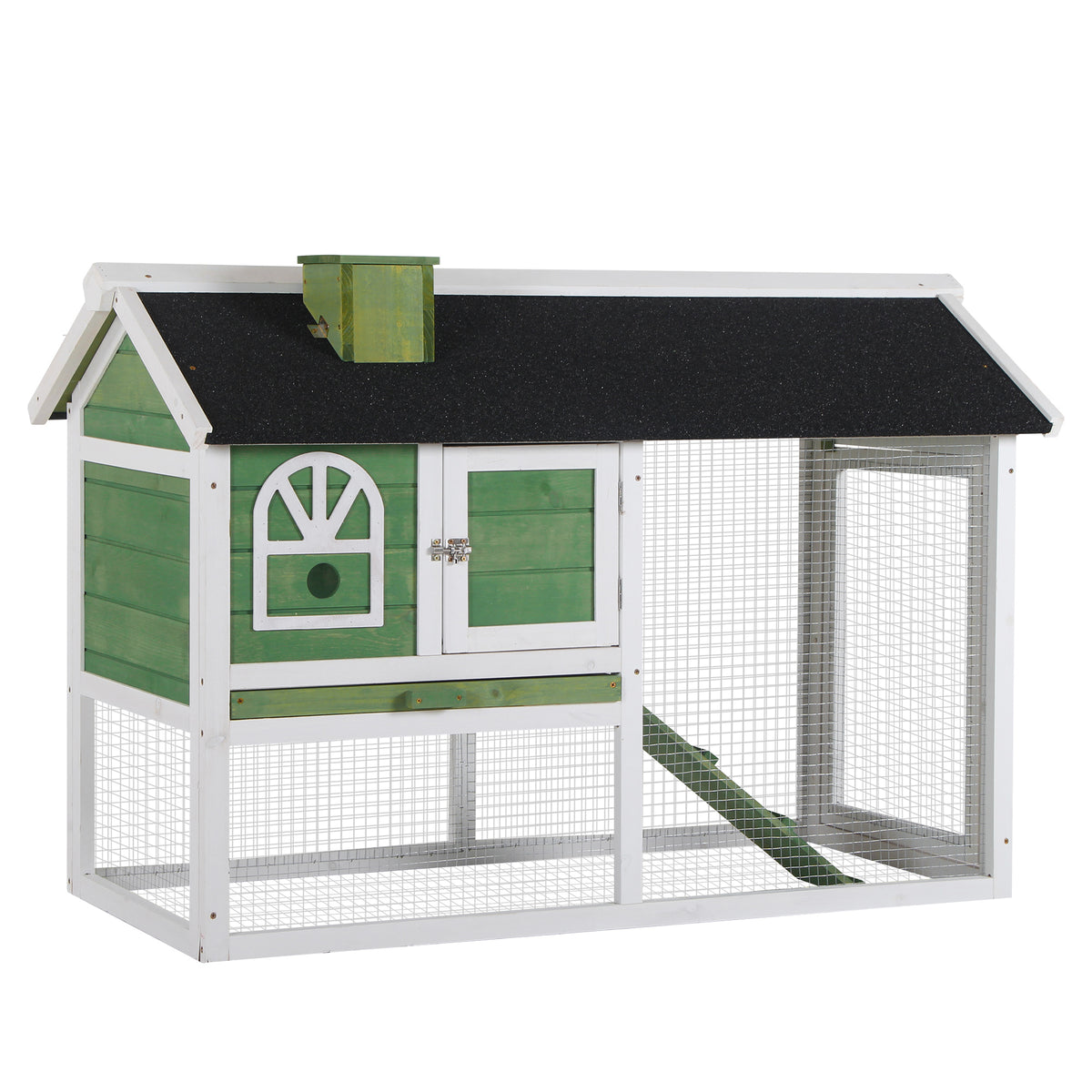 Wooden Rabbit Hutch & Run with Sliding Tray & Ramp – Green