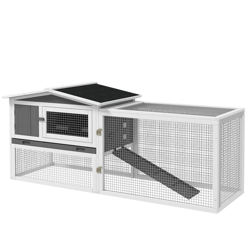 Wooden Rabbit & Guinea Pig Hutch with Run, Sliding Tray, Hay Rack & Ramp – Grey, 156 × 58 × 68cm