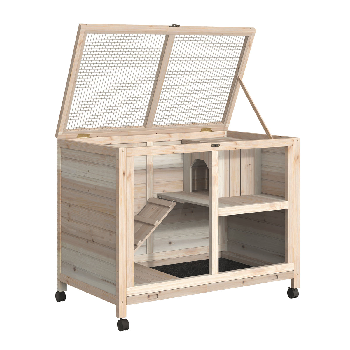 Wheeled Two-Tier Wooden Rabbit Hutch – Natural, 91.5cm