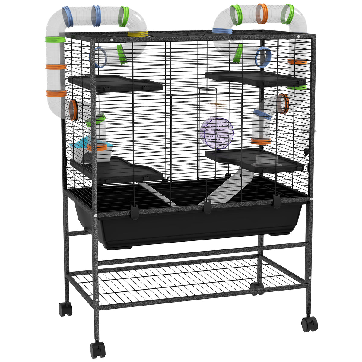 Large Hamster & Gerbil Cage with Tubes, Ramps, Platforms & Running Wheel – Black