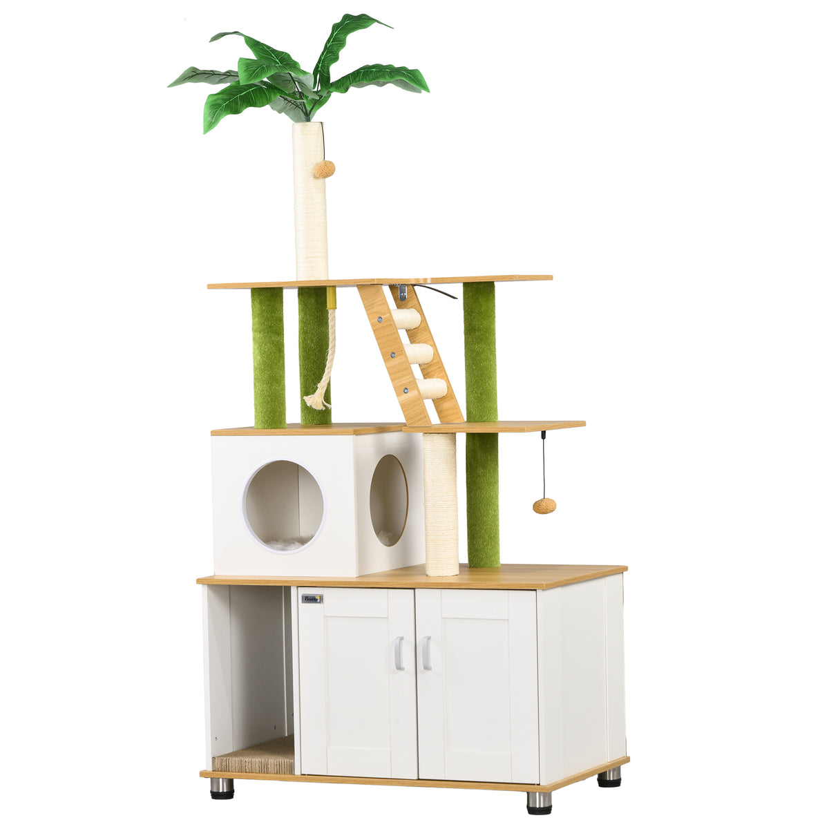 Two-in-One Cat Tree & Cat Litter Box Cabinet – Oak