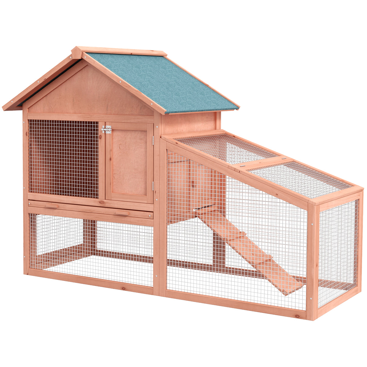 Two-Tier Wooden Rabbit Hutch with Ramp & Tray – 144 × 64.5 × 100cm
