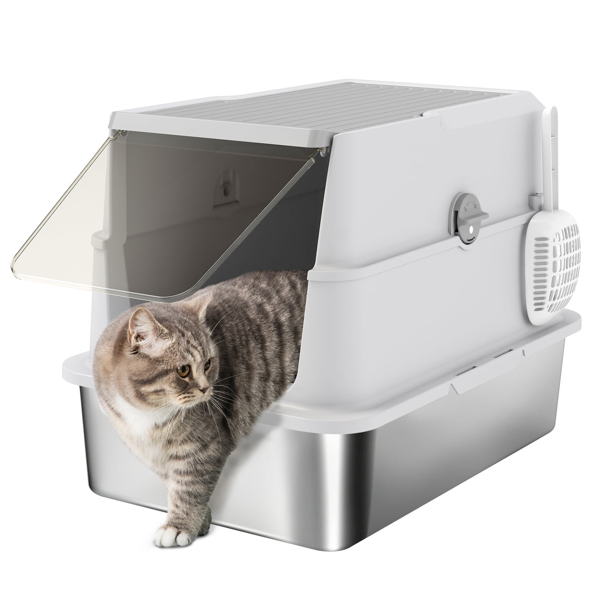 Extra-Large Stainless Steel Cat Litter Tray with Scoop & Flip Top