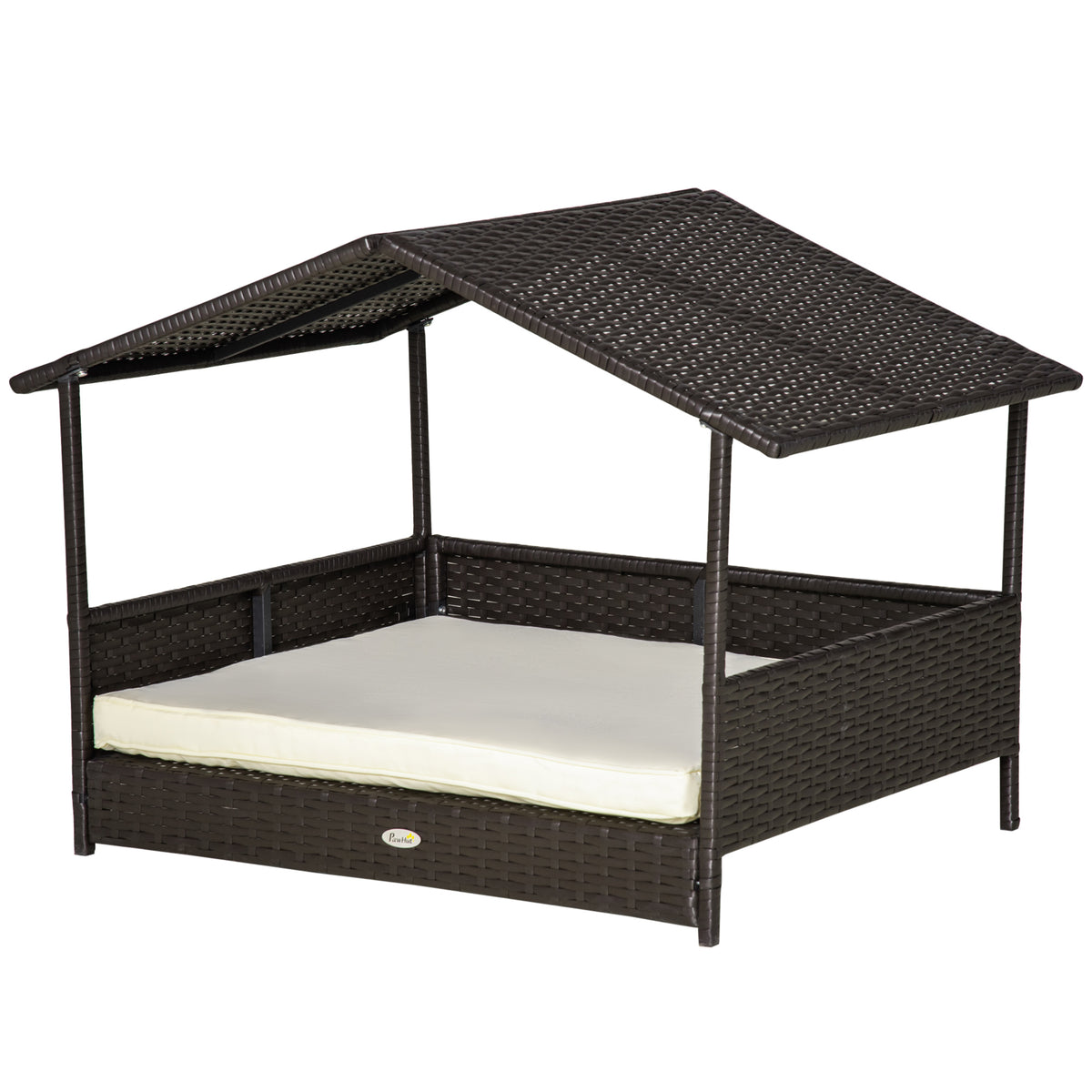 Wicker Dog House Bed with Removable Cushion & Canopy – Cream