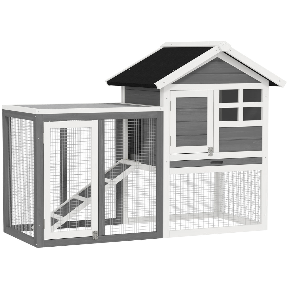 Wooden Rabbit & Guinea Pig Hutch with Pull-Out Tray – Grey, 124 × 63 × 93cm
